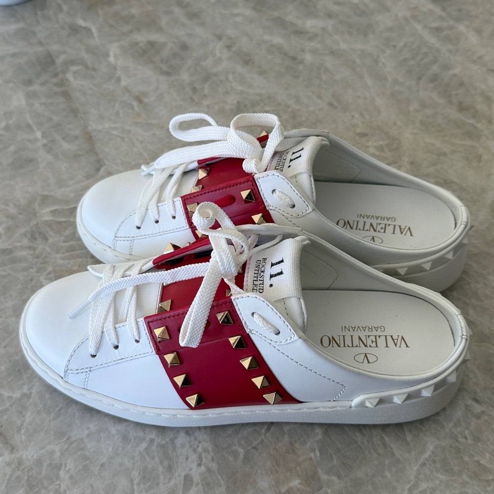 Valentino Red and White Sneakers with Gold Accents